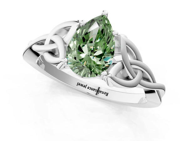 White gold Fancy Green Pear Cut Diamond Solitaire Celtic Knot Ring with Four-Prong Setting