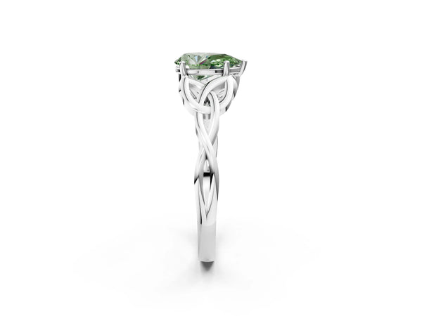 White gold Fancy Green Pear Cut Diamond Solitaire Celtic Knot Ring with Four-Prong Setting