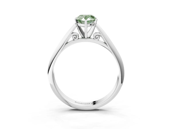 White gold Fancy Green Pear Cut Diamond Solitaire Engagement Ring with Cathedral Setting and Four-Prong Mount