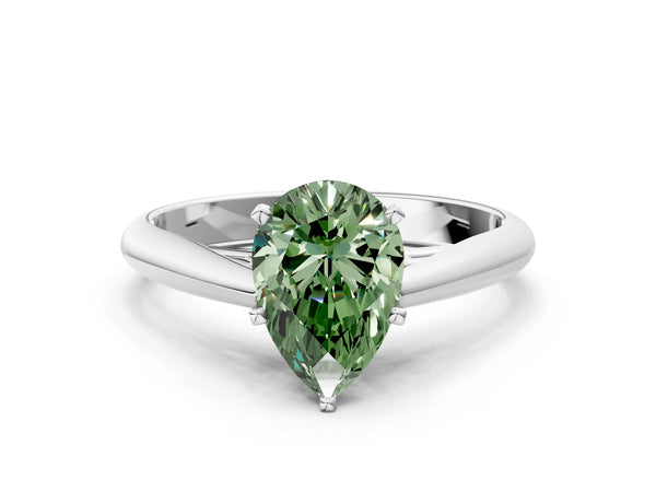 White gold Fancy Green Pear Cut Diamond Solitaire Engagement Ring with Cathedral Setting and Four-Prong Mount
