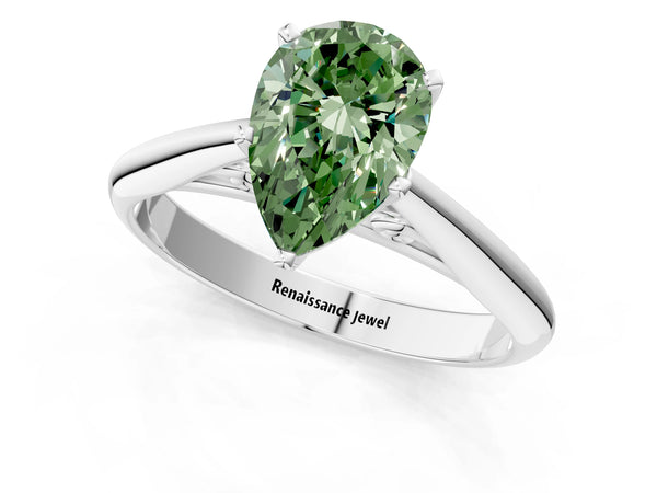White gold Fancy Green Pear Cut Diamond Solitaire Engagement Ring with Cathedral Setting and Four-Prong Mount