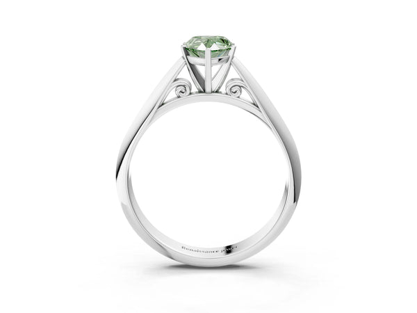White gold Fancy Green Pear Cut Diamond Solitaire Engagement Ring with Cathedral Setting and Four-Prong Mount