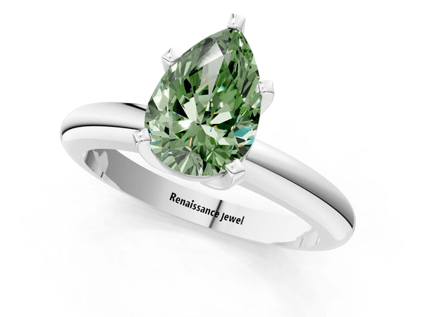 Platinum Fancy Green Pear Cut Diamond Solitaire Engagement Ring with Round Band and Four-Prong Setting