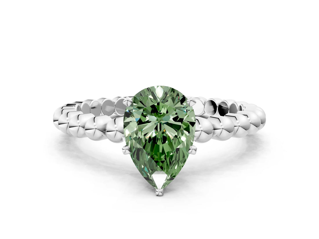 White gold Fancy Green Pear Cut Diamond Solitaire Ring with Beaded Band and Prong Setting_385