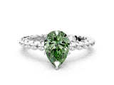 White gold Fancy Green Pear Cut Diamond Solitaire Ring with Beaded Band and Prong Setting_385