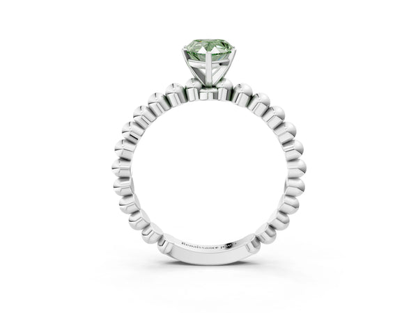 White gold Fancy Green Pear Cut Diamond Solitaire Ring with Beaded Band and Prong Setting