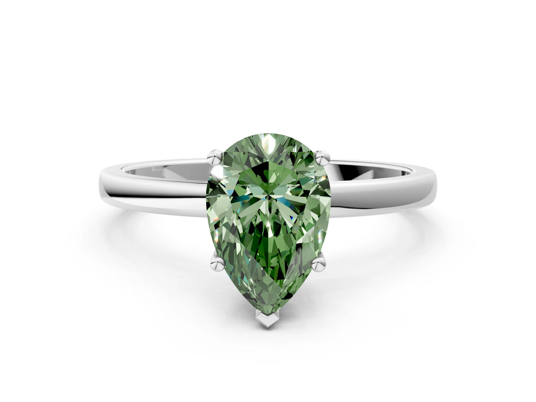 White gold Fancy Green Pear Cut Diamond Solitaire Ring with Classic Band and Four-Prong Setting