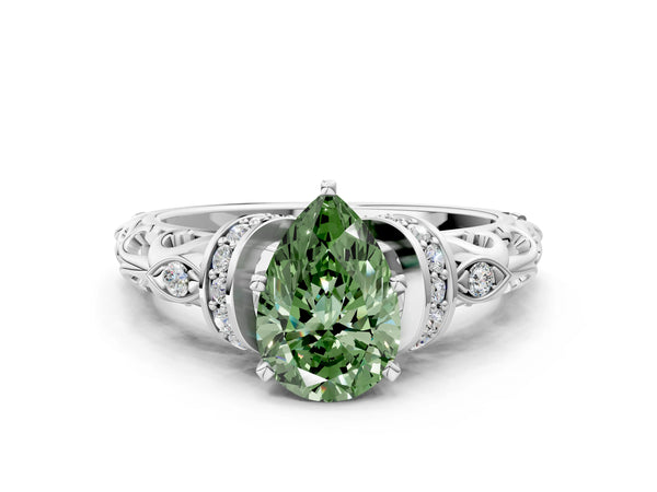 Platinum Fancy Green Pear Cut Diamond Solitaire Ring with Filigree Band and Four-Prong Setting