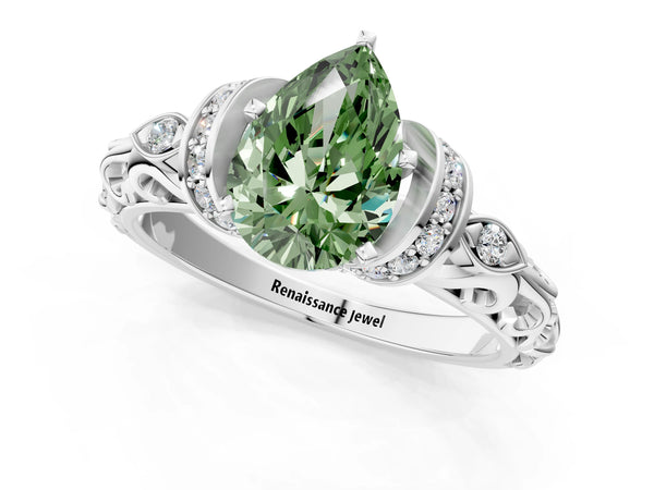Platinum Fancy Green Pear Cut Diamond Solitaire Ring with Filigree Band and Four-Prong Setting