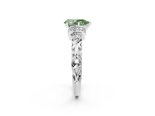 Platinum Fancy Green Pear Cut Diamond Solitaire Ring with Filigree Band and Four-Prong Setting