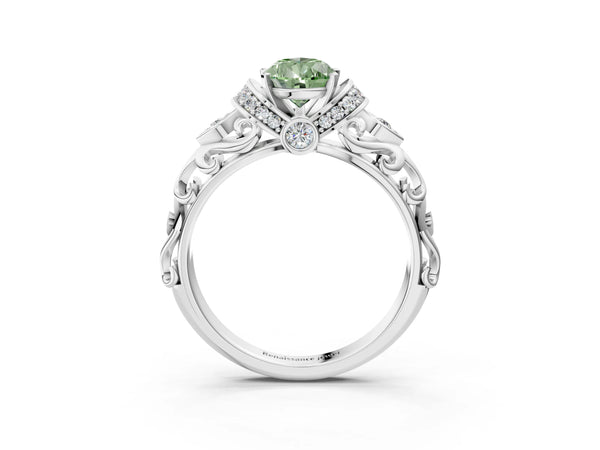 Platinum Fancy Green Pear Cut Diamond Solitaire Ring with Filigree Band and Four-Prong Setting