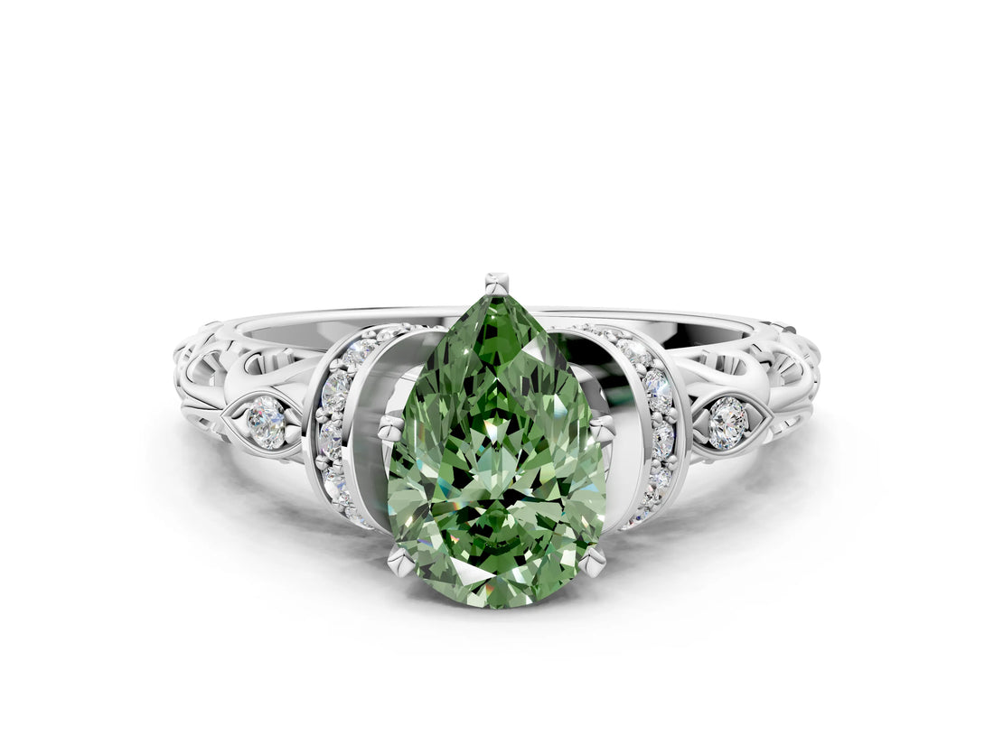 White gold Fancy Green Pear Cut Diamond Solitaire Ring with Filigree Band and Four-Prong Setting_45