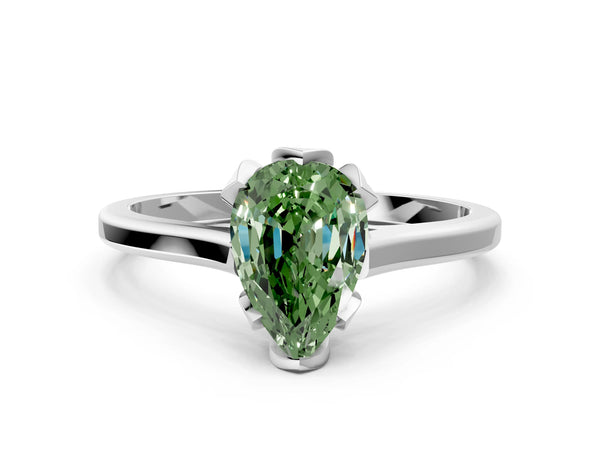 Platinum Fancy Green Pear Cut Diamond Solitaire Ring with Flower Prong Setting and Classic Band