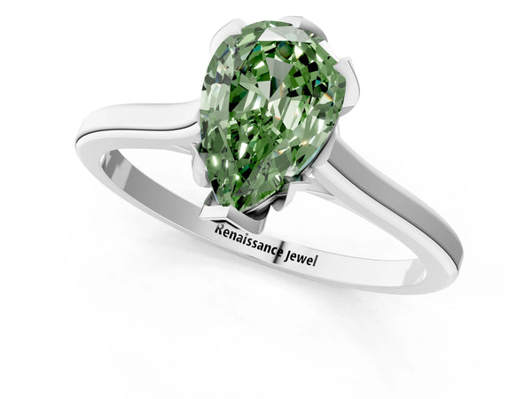 Platinum Fancy Green Pear Cut Diamond Solitaire Ring with Flower Prong Setting and Classic Band