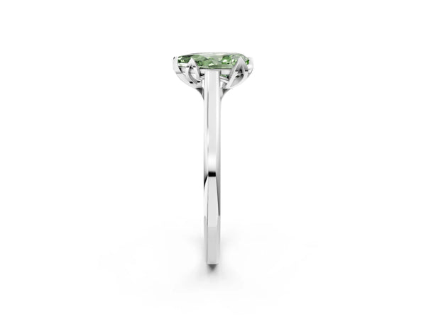 Platinum Fancy Green Pear Cut Diamond Solitaire Ring with Flower Prong Setting and Classic Band