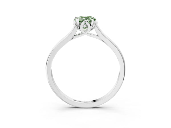 Platinum Fancy Green Pear Cut Diamond Solitaire Ring with Flower Prong Setting and Classic Band