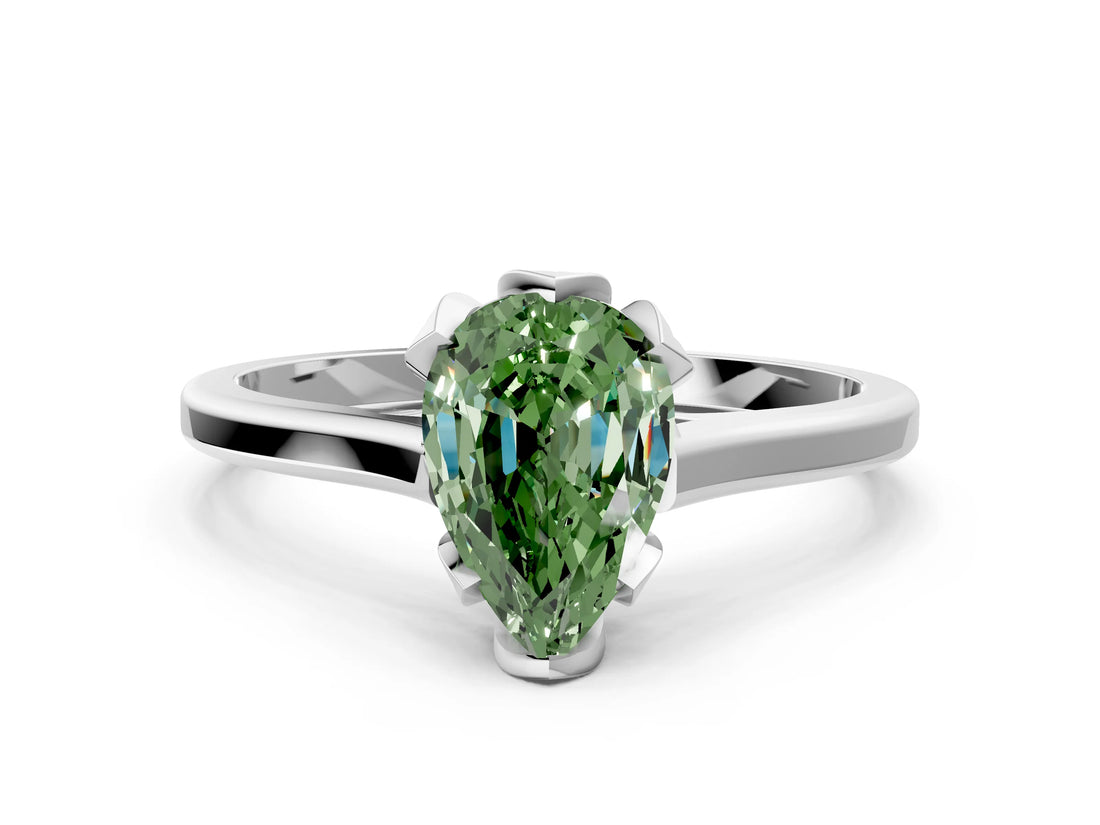 White gold Fancy Green Pear Cut Diamond Solitaire Ring with Flower Prong Setting and Classic Band_14