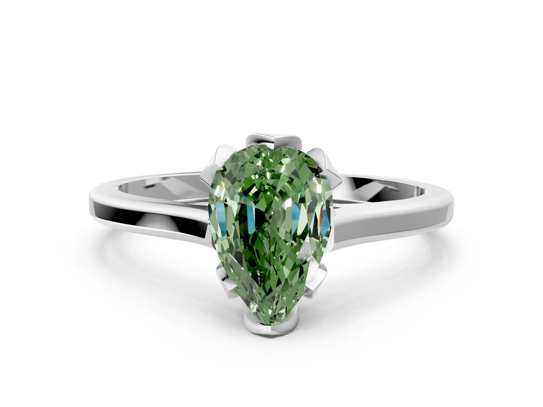 White gold Fancy Green Pear Cut Diamond Solitaire Ring with Flower Prong Setting and Classic Band_52