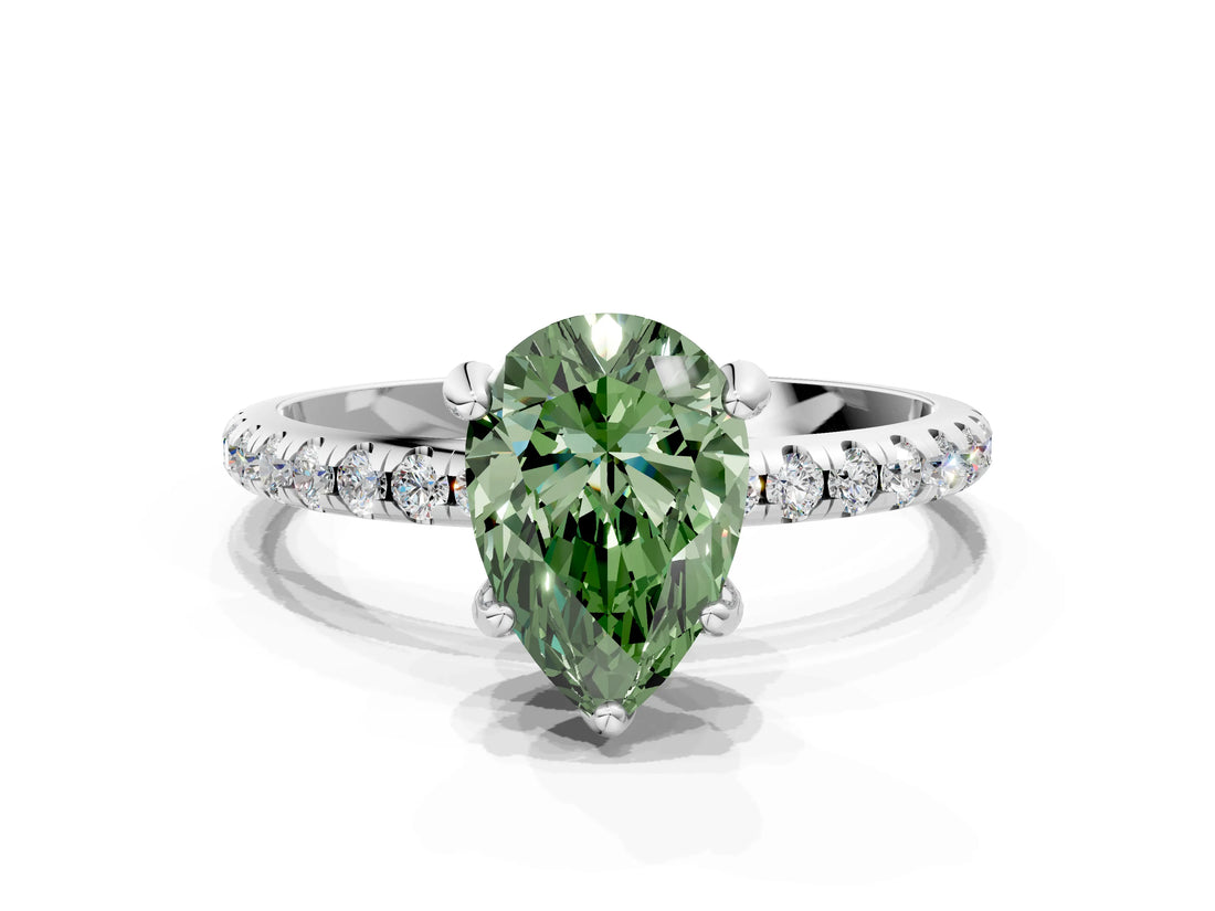 White gold Fancy Green Pear Cut Diamond Solitaire Ring with Four-Prong Setting and Pavé Band_15