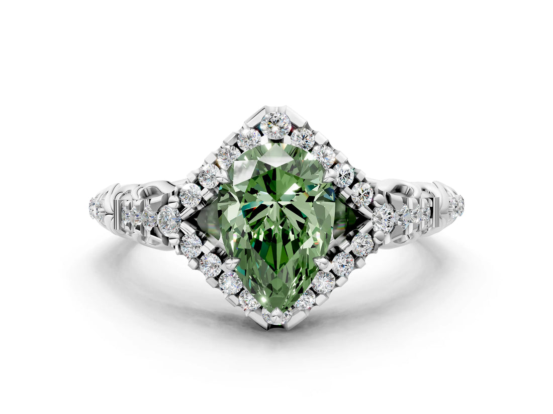 White gold Fancy Green Pear Cut Diamond Solitaire Ring with Hidden Halo and Pavé Band_39