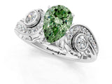 White gold Fancy Green Pear Cut Diamond Solitaire Ring with Milgrain Pavé Band and Four-Prong Setting_226