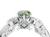 White gold Fancy Green Pear Cut Diamond Solitaire Ring with Milgrain Pavé Band and Four-Prong Setting_231