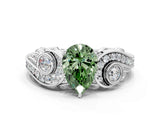 White gold Fancy Green Pear Cut Diamond Solitaire Ring with Milgrain Pavé Band and Four-Prong Setting_233