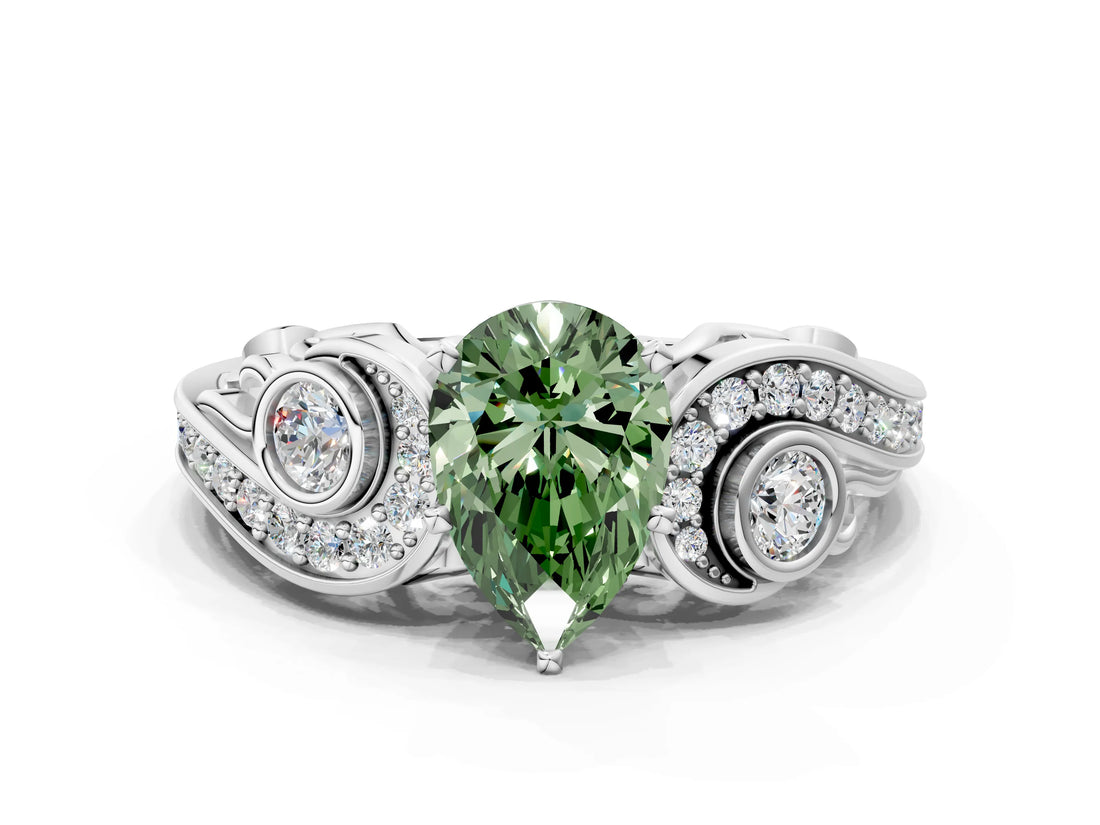 White gold Fancy Green Pear Cut Diamond Solitaire Ring with Milgrain Pavé Band and Four-Prong Setting_234