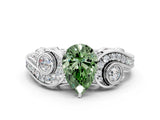 White gold Fancy Green Pear Cut Diamond Solitaire Ring with Milgrain Pavé Band and Four-Prong Setting_237