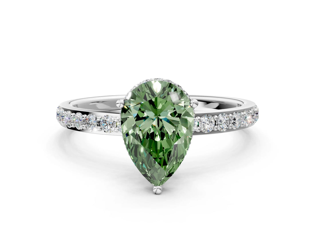 White gold Fancy Green Pear Cut Diamond Solitaire Ring with Pavé Band and Hidden Halo_32