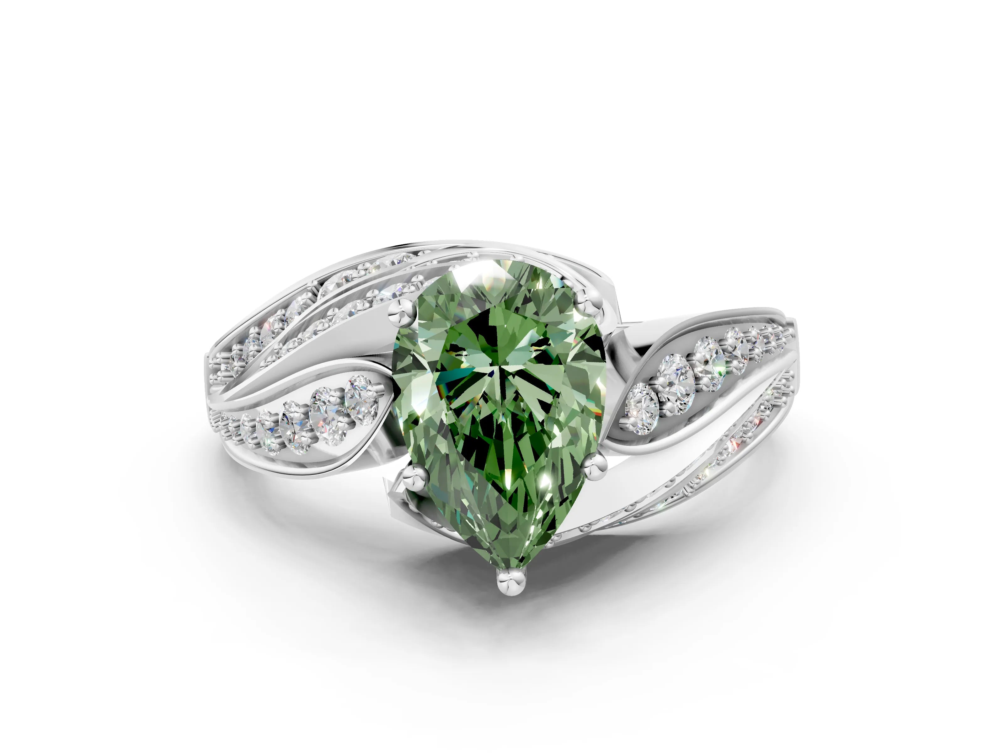 White gold Fancy Green Pear Cut Diamond Solitaire Ring with Prong Setting and Twisted Pavé Band