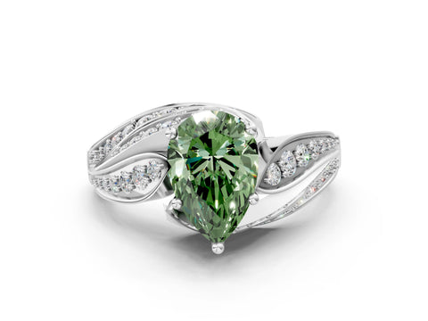 White gold Fancy Green Pear Cut Diamond Solitaire Ring with Prong Setting and Twisted Pavé Band