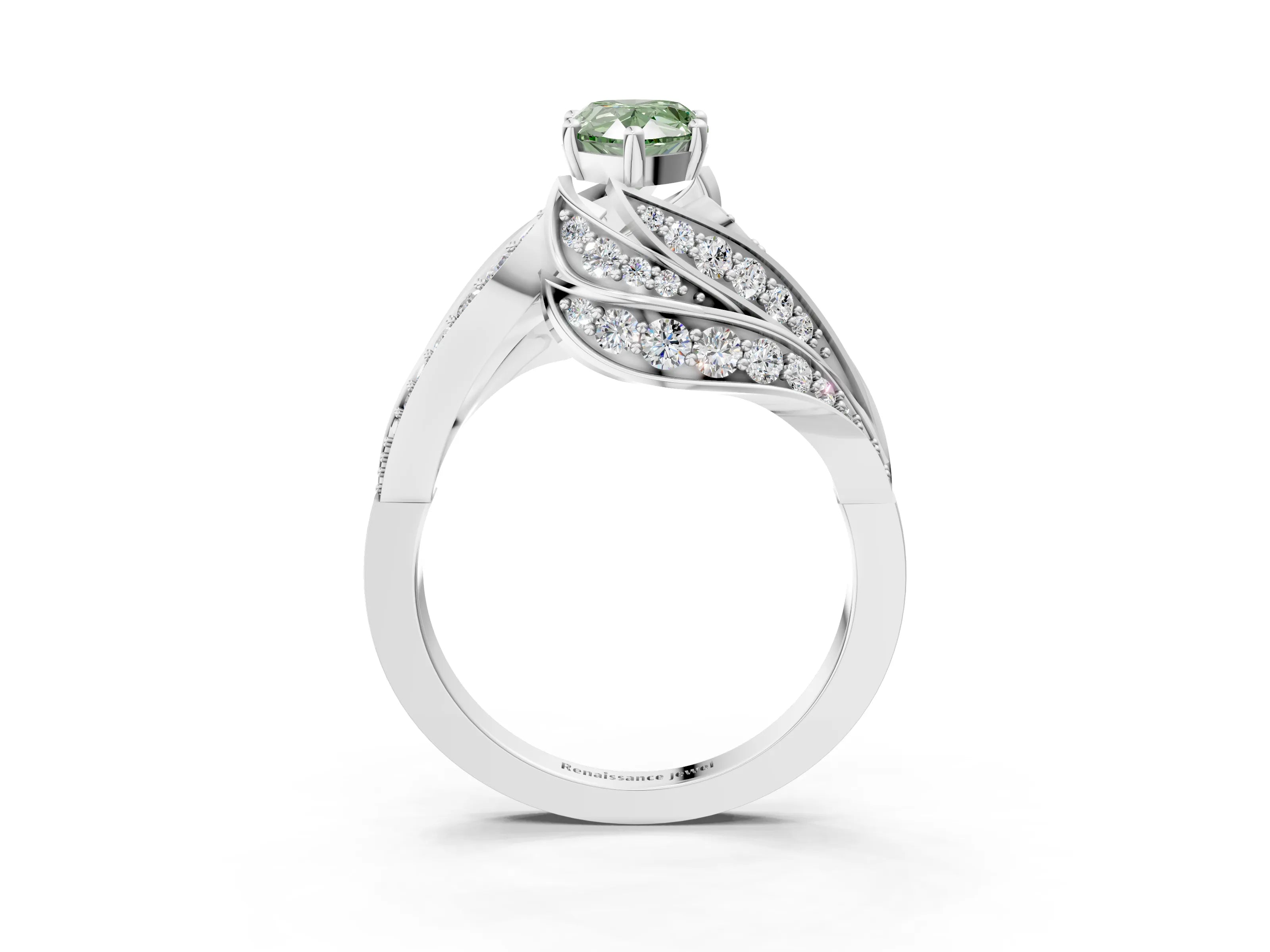White gold Fancy Green Pear Cut Diamond Solitaire Ring with Prong Setting and Twisted Pavé Band_15