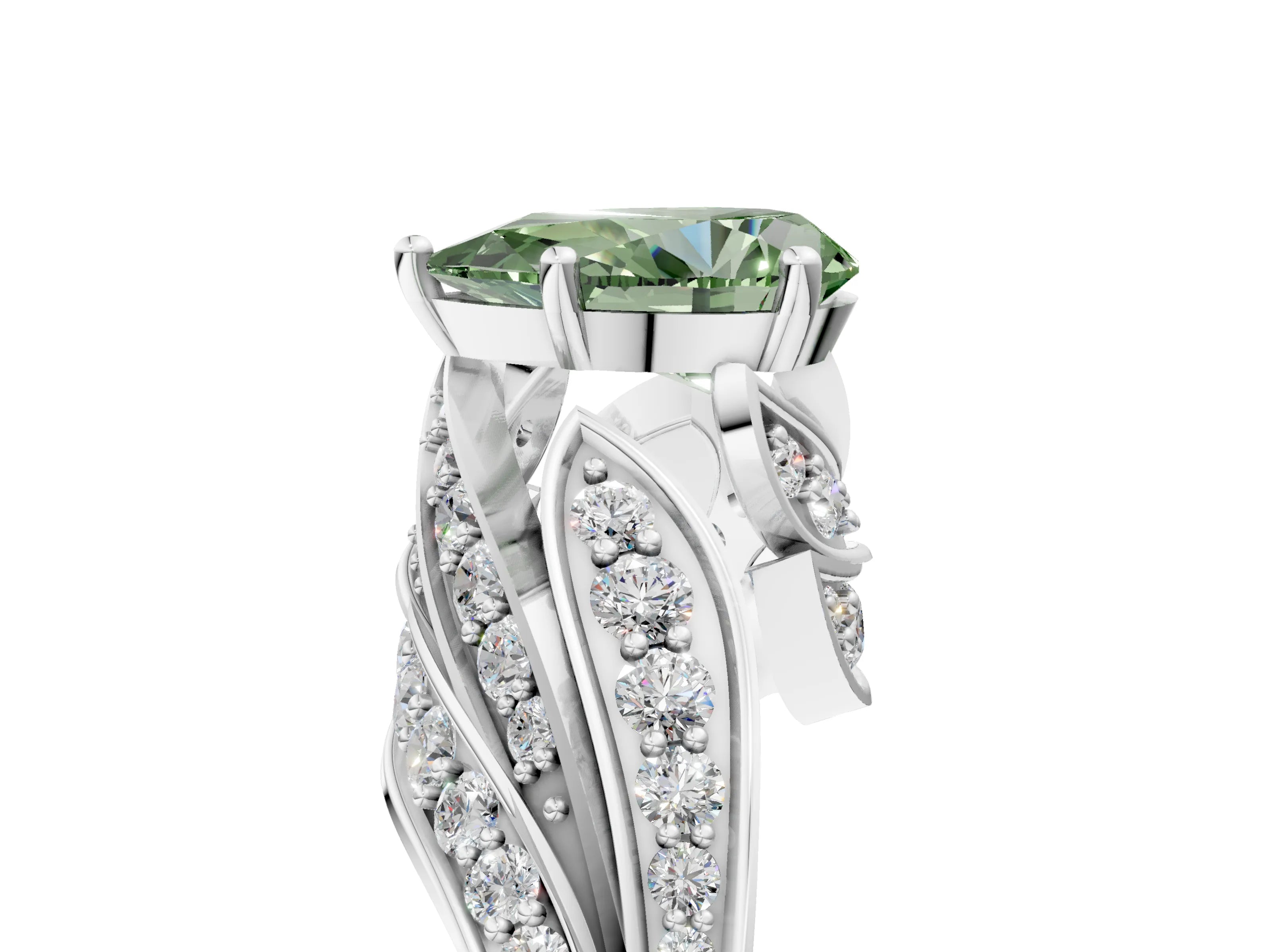 White gold Fancy Green Pear Cut Diamond Solitaire Ring with Prong Setting and Twisted Pavé Band_17