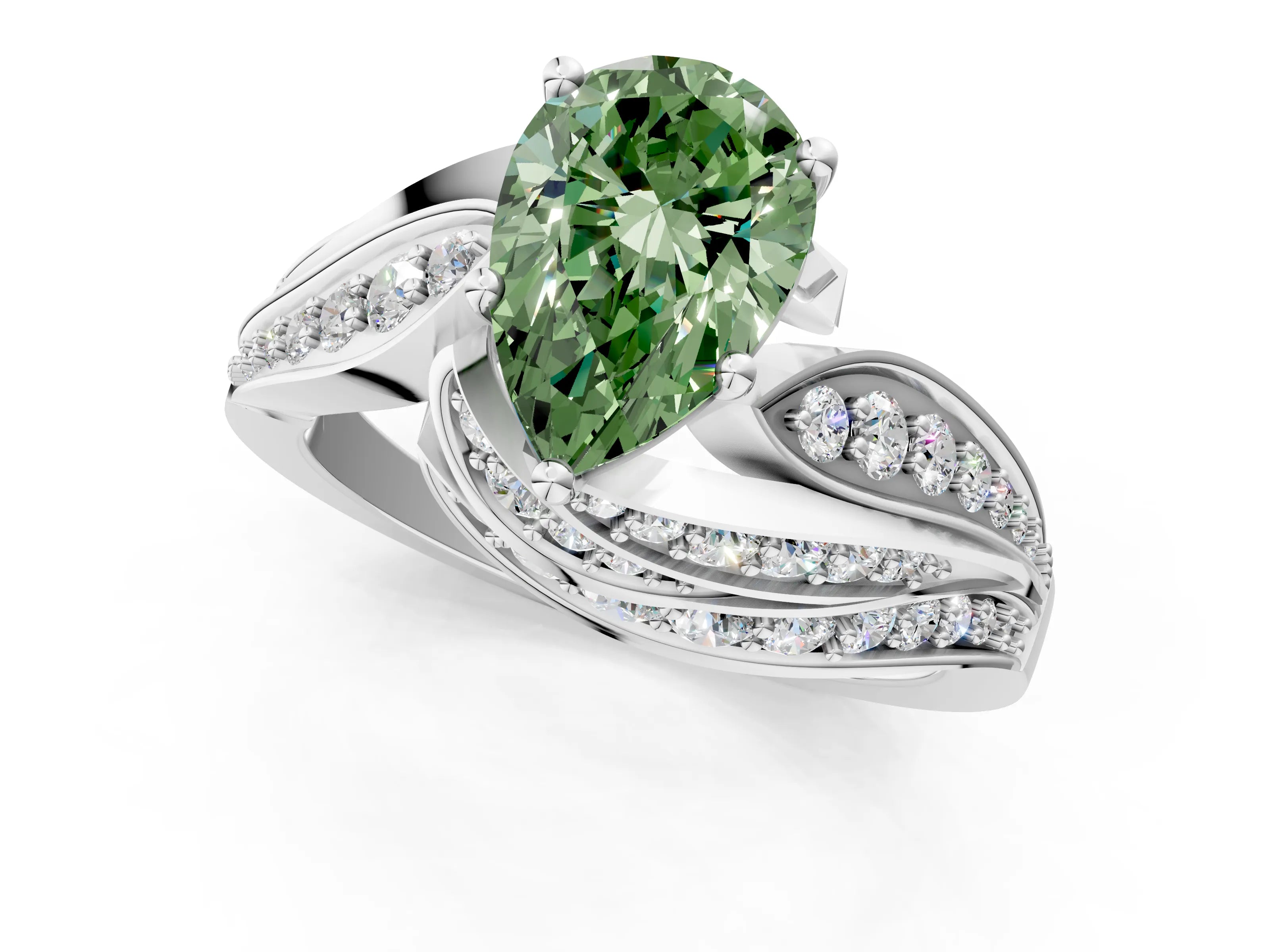 White gold Fancy Green Pear Cut Diamond Solitaire Ring with Prong Setting and Twisted Pavé Band_1