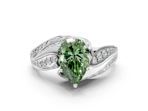 White gold Fancy Green Pear Cut Diamond Solitaire Ring with Prong Setting and Twisted Pavé Band_21