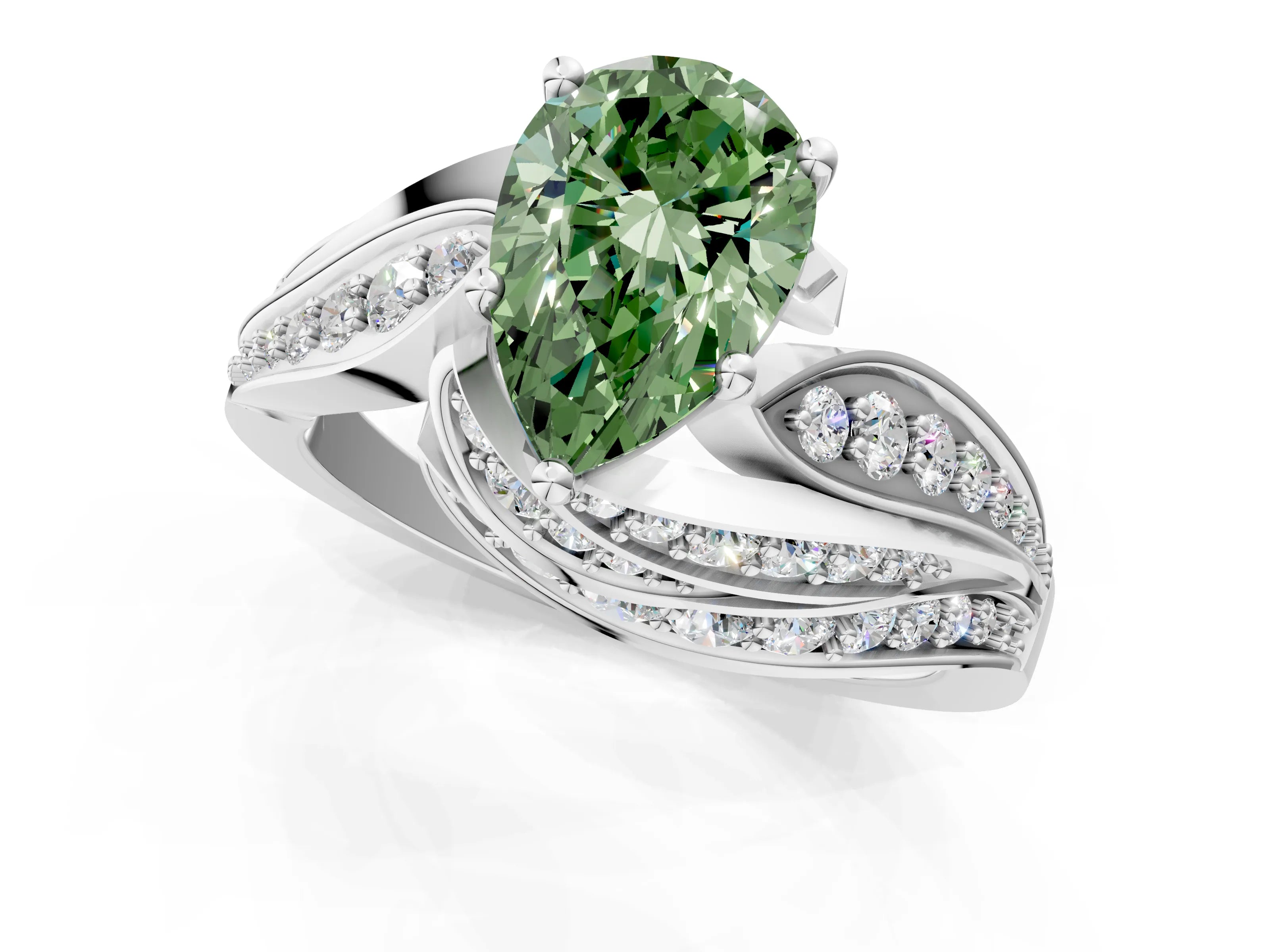 White gold Fancy Green Pear Cut Diamond Solitaire Ring with Prong Setting and Twisted Pavé Band_22