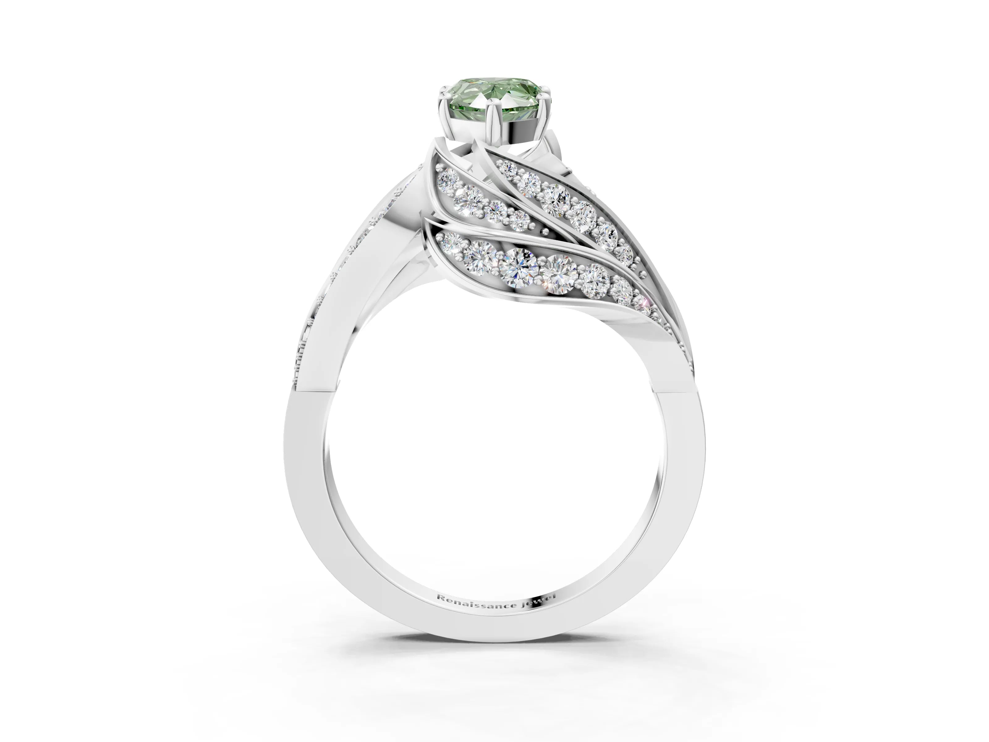 White gold Fancy Green Pear Cut Diamond Solitaire Ring with Prong Setting and Twisted Pavé Band_24
