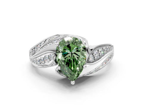 White gold Fancy Green Pear Cut Diamond Solitaire Ring with Prong Setting and Twisted Pavé Band_30