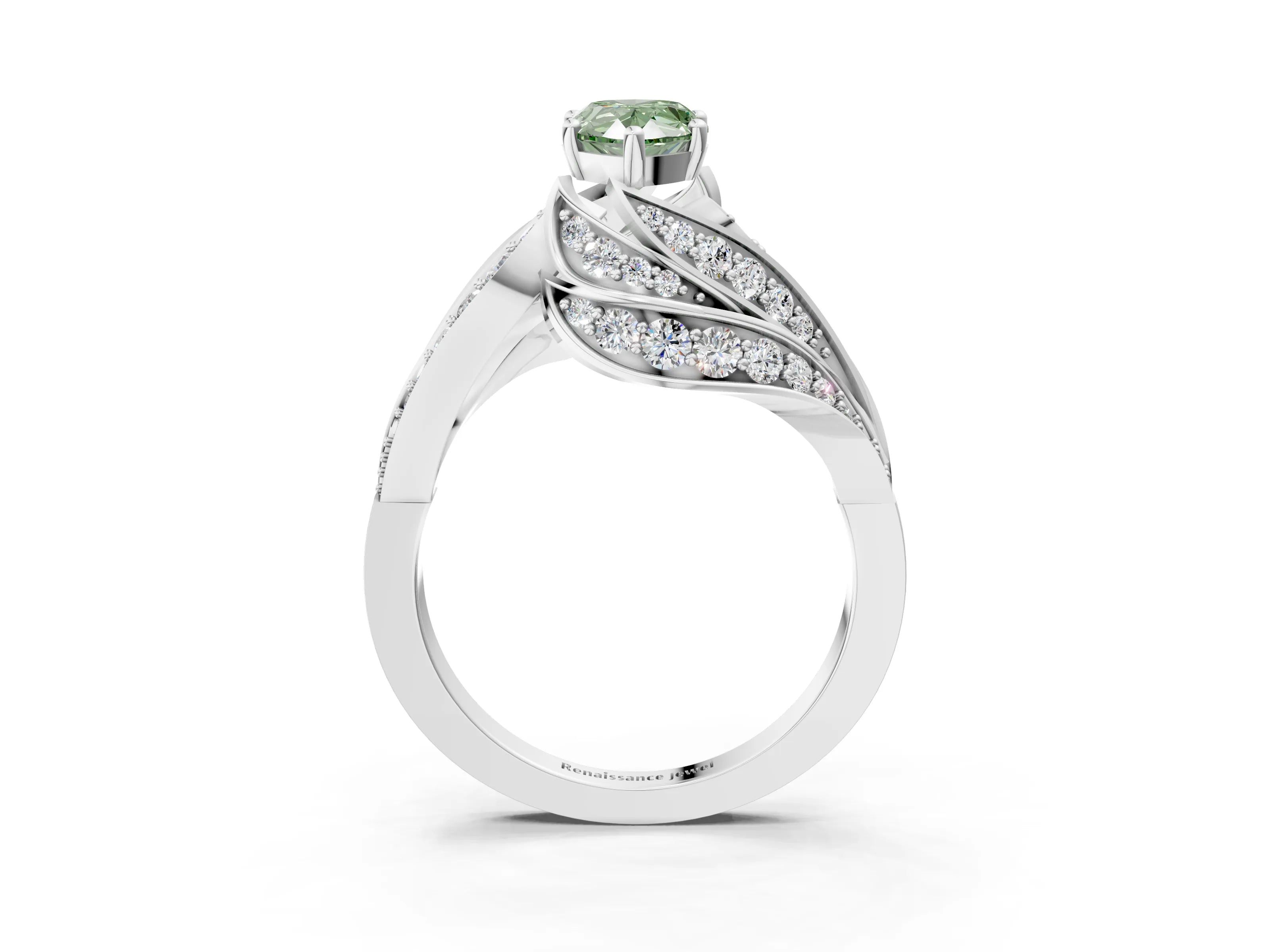 White gold Fancy Green Pear Cut Diamond Solitaire Ring with Prong Setting and Twisted Pavé Band_33