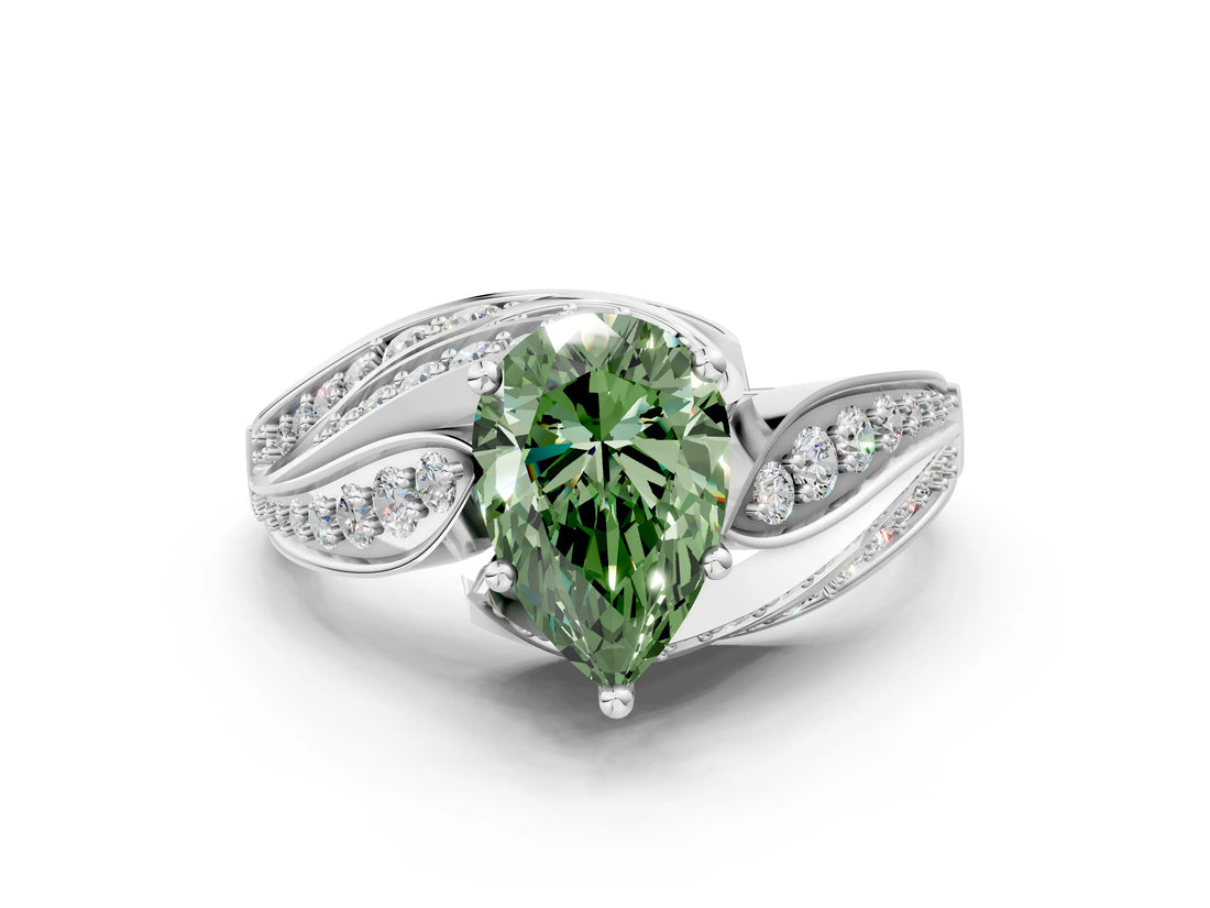 White gold Fancy Green Pear Cut Diamond Solitaire Ring with Prong Setting and Twisted Pavé Band_35
