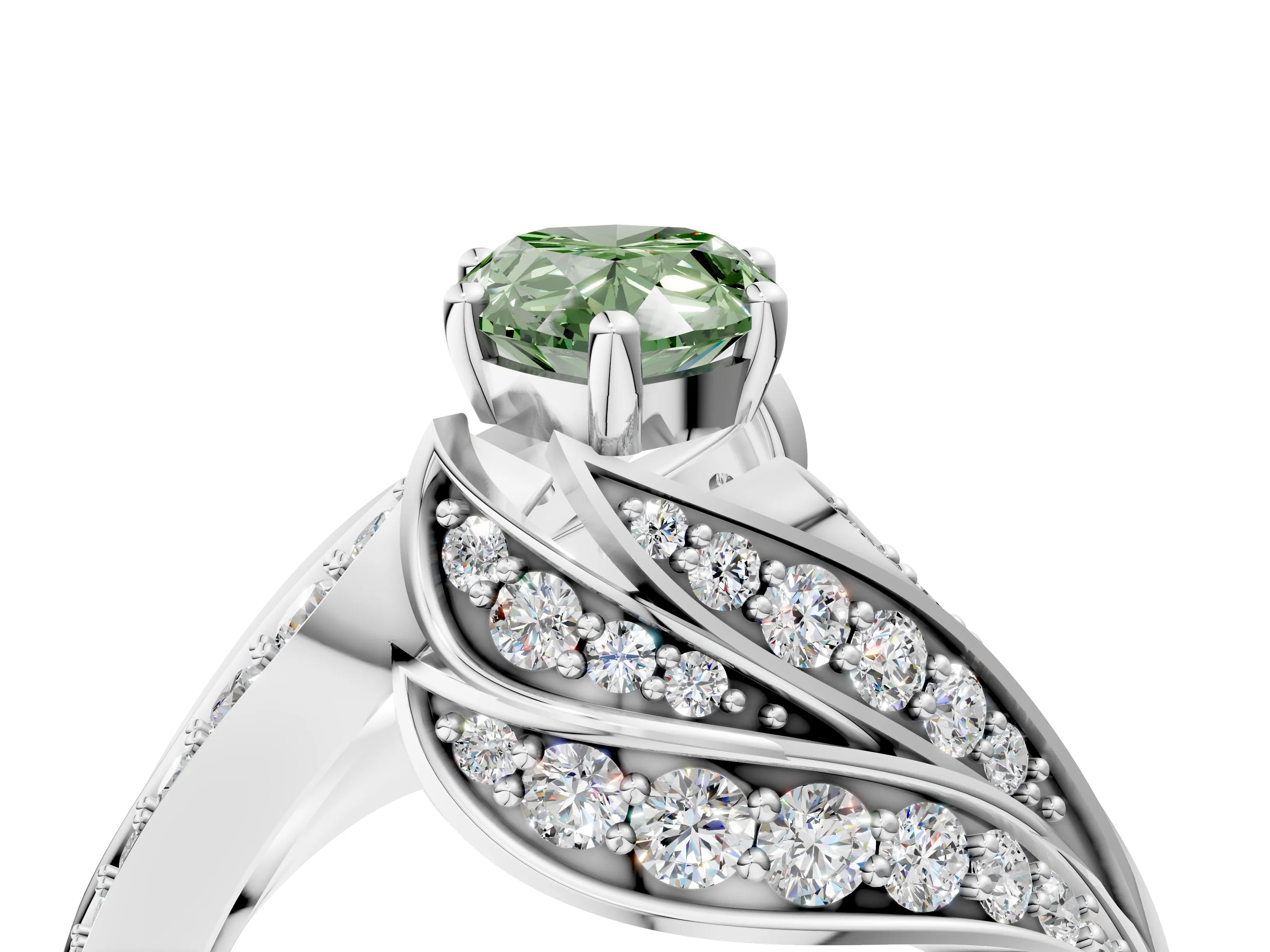 White gold Fancy Green Pear Cut Diamond Solitaire Ring with Prong Setting and Twisted Pavé Band_39