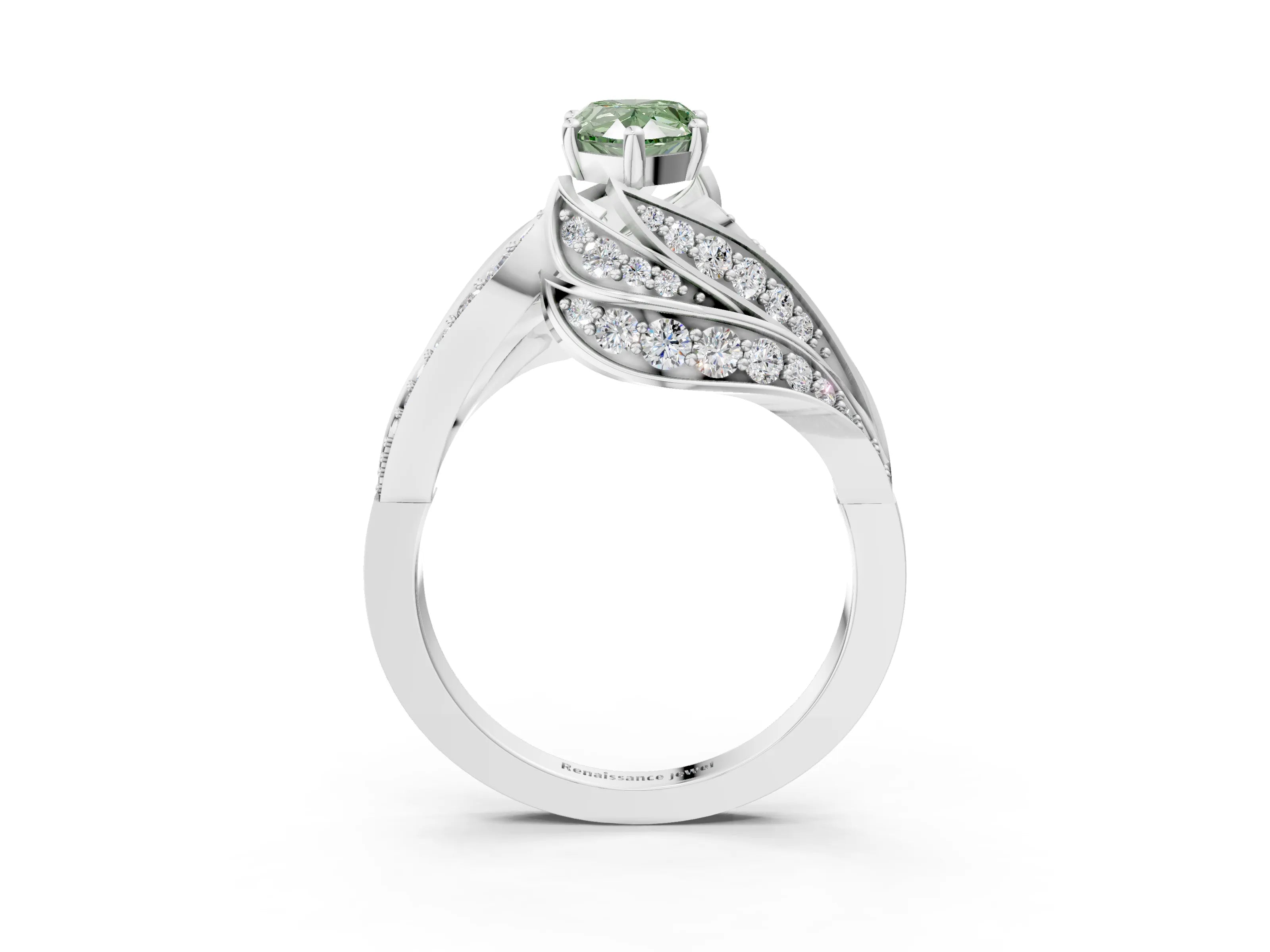White gold Fancy Green Pear Cut Diamond Solitaire Ring with Prong Setting and Twisted Pavé Band_3