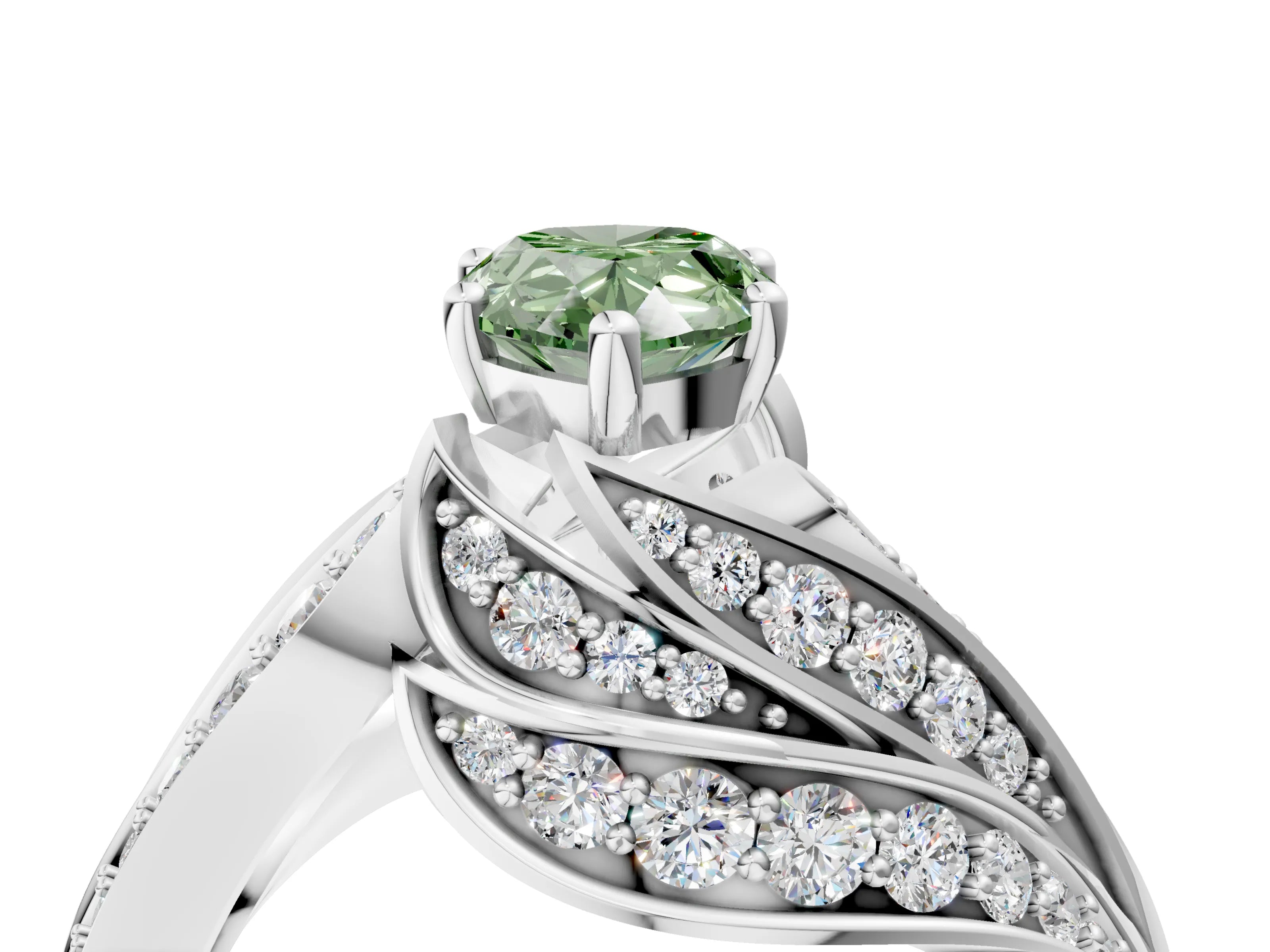 White gold Fancy Green Pear Cut Diamond Solitaire Ring with Prong Setting and Twisted Pavé Band_4