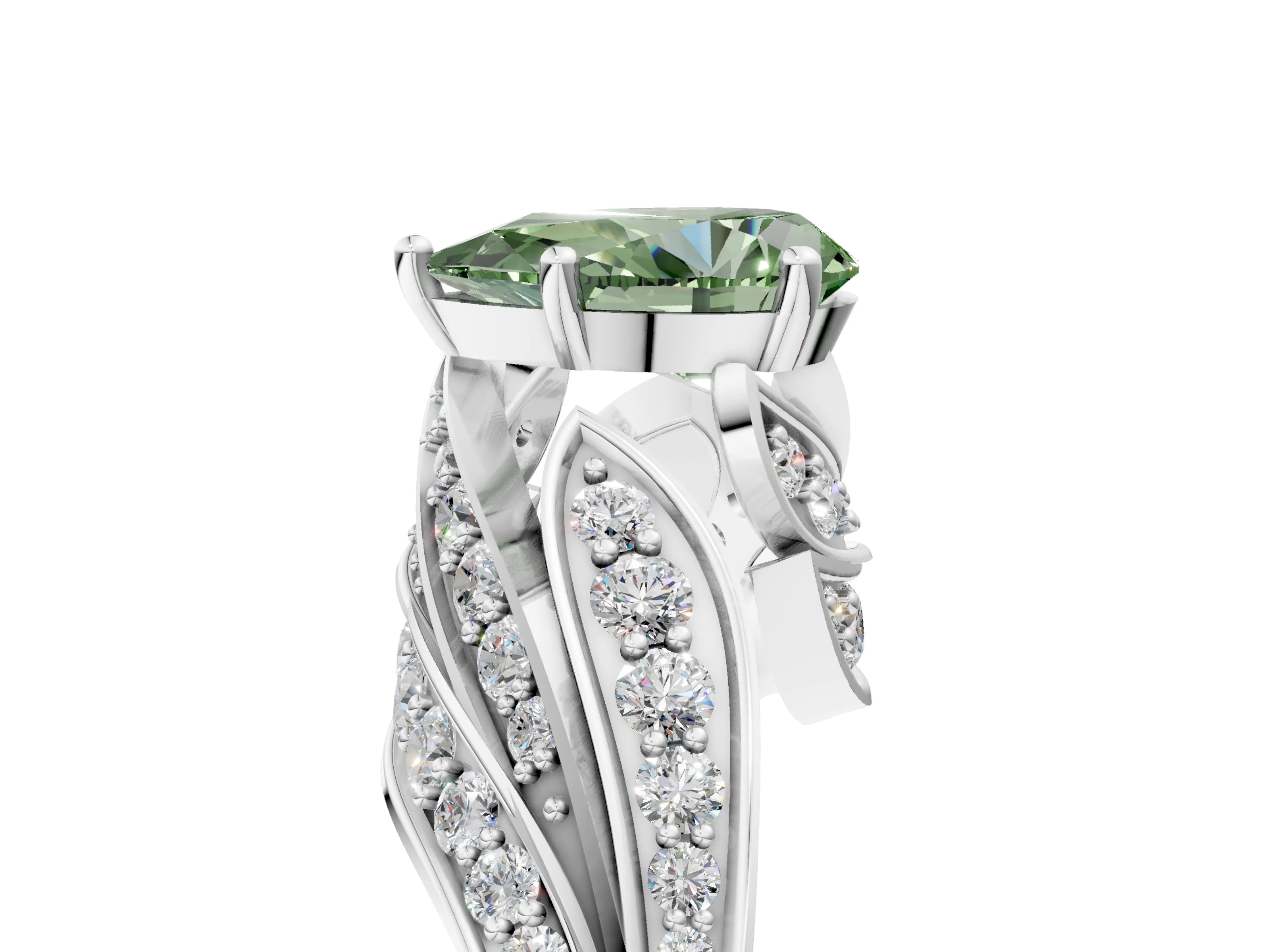 White gold Fancy Green Pear Cut Diamond Solitaire Ring with Prong Setting and Twisted Pavé Band_5