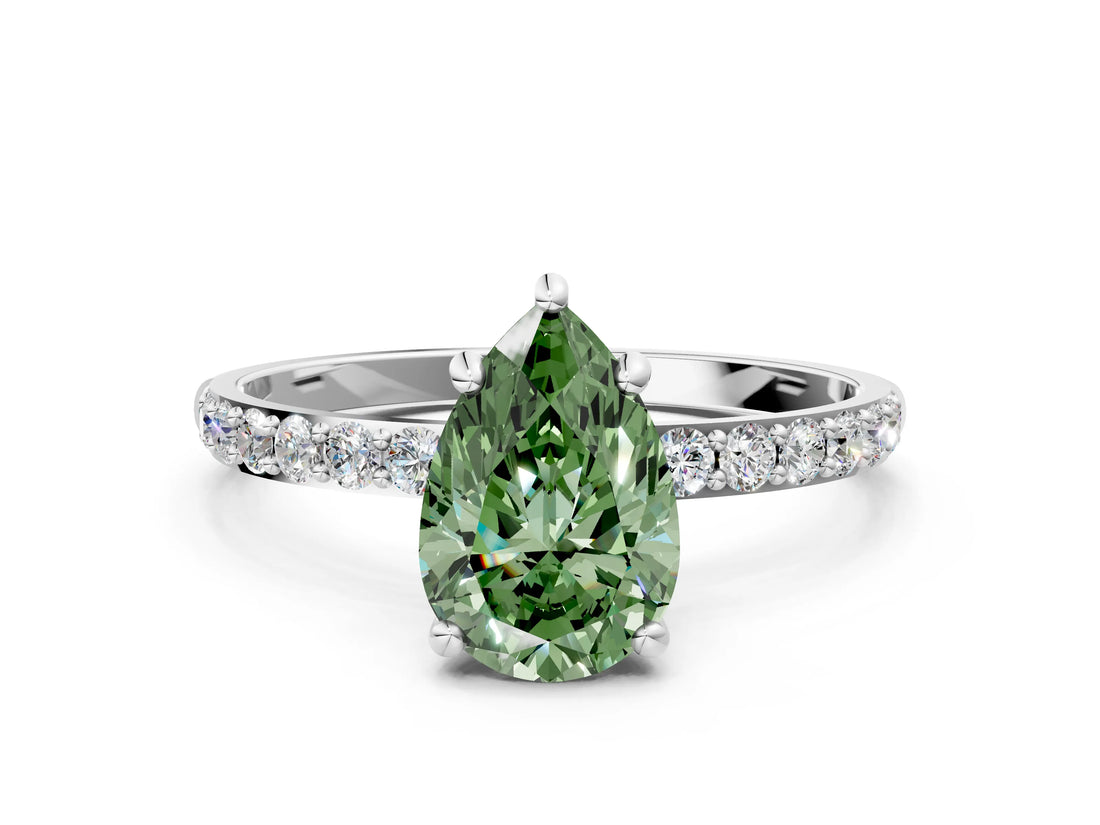 White gold Fancy Green Pear Cut Diamond Solitaire Ring with Round  Pavé Band and Prong Setting_177