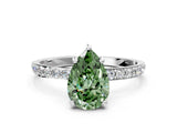 White gold Fancy Green Pear Cut Diamond Solitaire Ring with Round  Pavé Band and Prong Setting_177