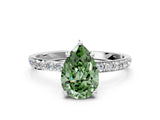 White gold Fancy Green Pear Cut Diamond Solitaire Ring with Round  Pavé Band and Prong Setting_189