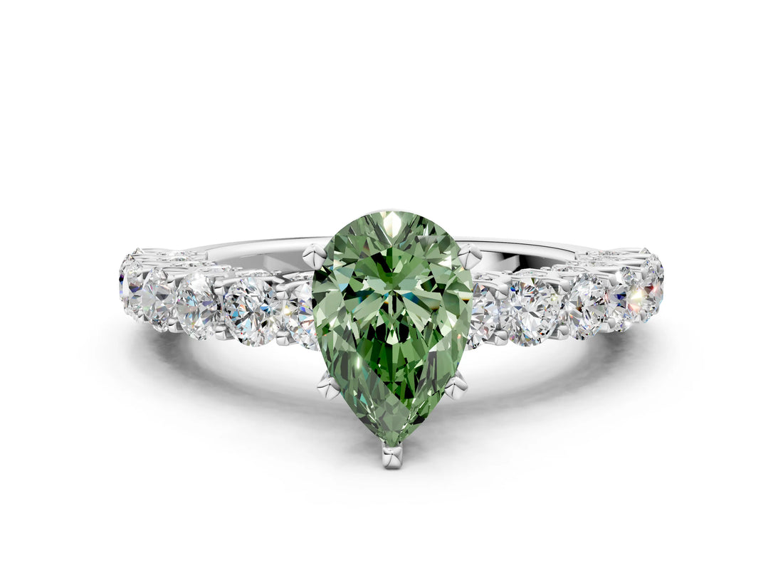 White gold Fancy Green Pear Cut Diamond Solitaire Ring with Shared Prong Pavé Band and Four-Prong Setting_66