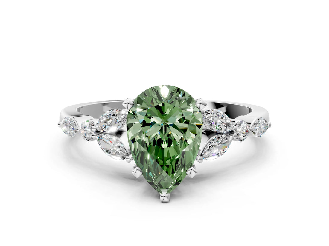 White gold Fancy Green Pear Cut Diamond Solitaire Ring with Side Stones and Four-Prong Setting_77